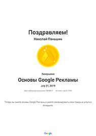 Сертификат Google основы рекламы Паньшин Н.А.